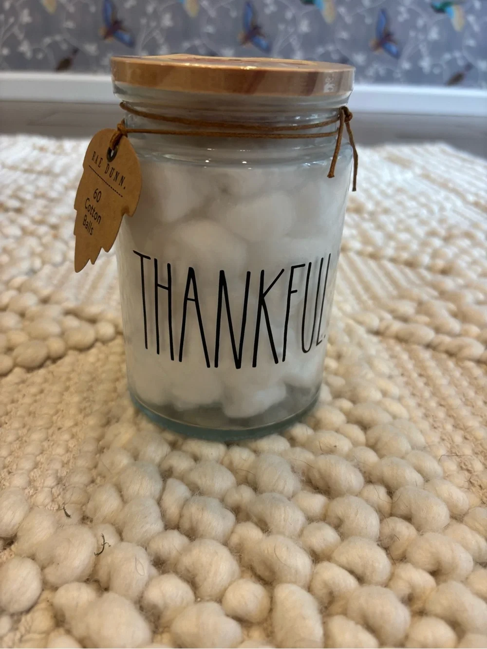 NWT Rae Dunn Thankful Fall glass jar container with 60 cotton balls